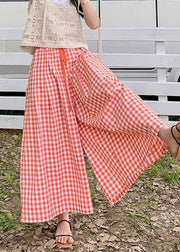 Red Pockets Drawstring Cotton Crop Pants Plaid Summer