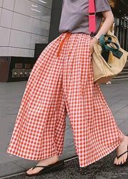 Red Pockets Drawstring Cotton Crop Pants Plaid Summer