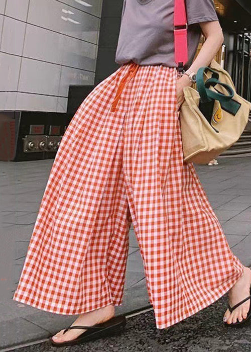 Red Pockets Drawstring Cotton Crop Pants Plaid Summer