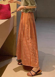 Red Pockets Drawstring Cotton Crop Pants Plaid Summer