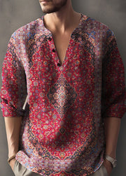 Red Print Button Cotton Fall Mens T Shirts V Neck