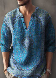 Red Print Button Cotton Fall Mens T Shirts V Neck