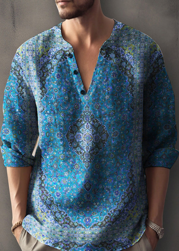 Red Print Button Cotton Fall Mens T Shirts V Neck