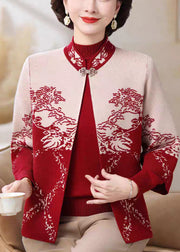 Red Print Cotton Knit Coats And Sweater Two Pieces Set Three Quarter Sleeve