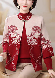 Red Print Cotton Knit Coats And Sweater Two Pieces Set Three Quarter Sleeve