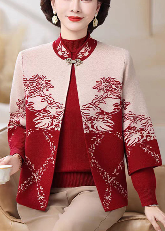 Red Print Cotton Knit Coats And Sweater Two Pieces Set Three Quarter Sleeve
