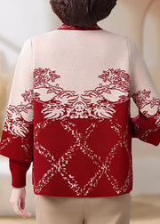 Red Print Cotton Knit Coats And Sweater Two Pieces Set Three Quarter Sleeve