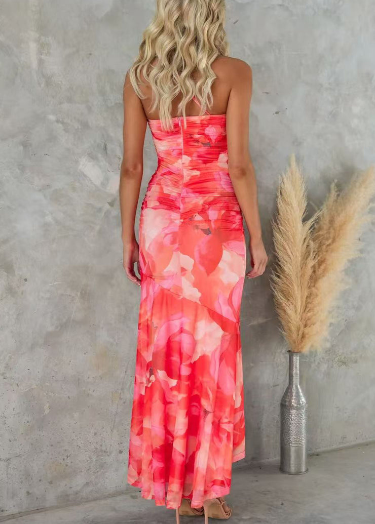 Red Print Cotton Sleeveless Spaghetti Strap Dress Cold Shoulder