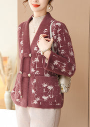 Red Print Mink Hair Knitted Cardigans Long Sleeve