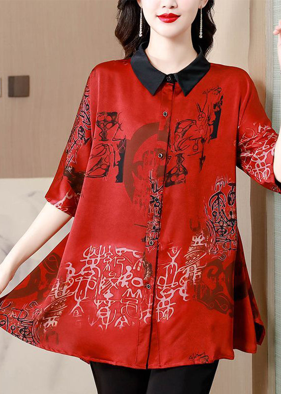 Red Print Oversized Silk Shirt Peter Pan Collar Summer