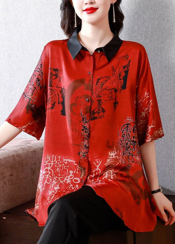 Red Print Oversized Silk Shirt Peter Pan Collar Summer