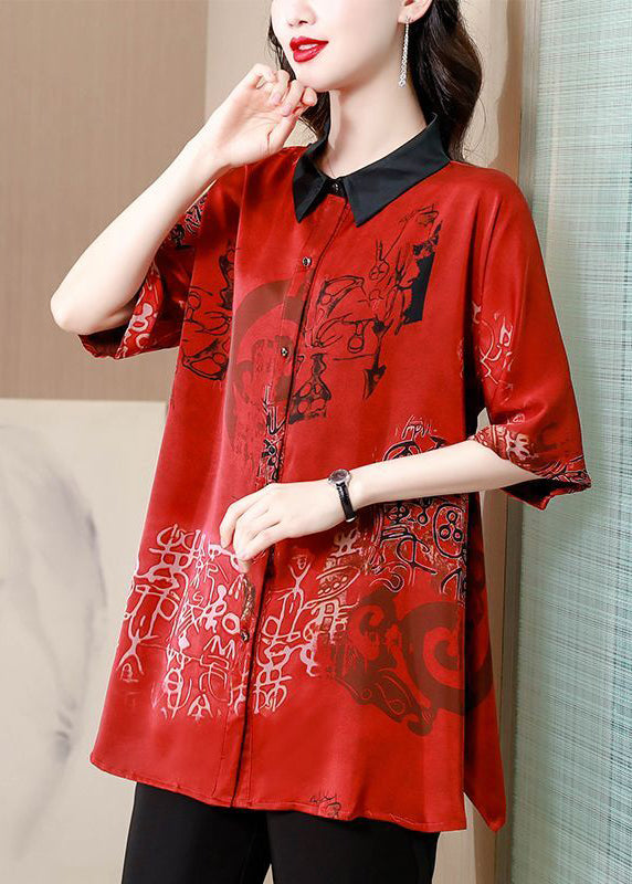 Red Print Oversized Silk Shirt Peter Pan Collar Summer