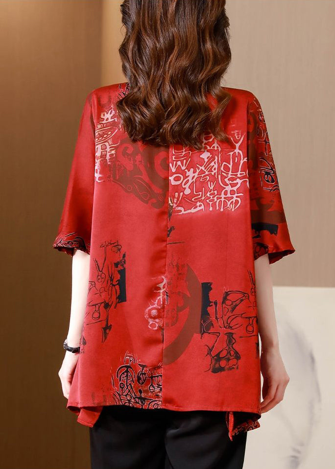 Red Print Oversized Silk Shirt Peter Pan Collar Summer