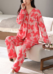 Red Print Shirts And Pants Cotton Two-Piece Set V Neck Fall