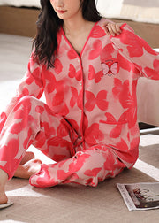 Red Print Shirts And Pants Cotton Two-Piece Set V Neck Fall