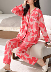 Red Print Shirts And Pants Cotton Two-Piece Set V Neck Fall