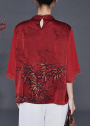 Red Print Silk Oriental Shirt Tasseled Embroidered Summer