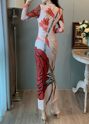 Red Print Tulle Wraped Dress Notched Side Open Summer