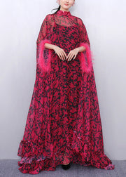 Red Ruffled Patchwork Glamorous Chiffon Two Piece Set Batwing Sleeve