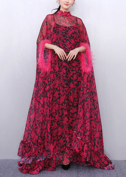 Red Ruffled Patchwork Glamorous Chiffon Two Piece Set Batwing Sleeve