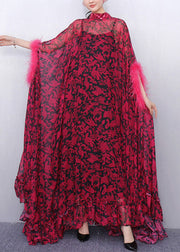 Red Ruffled Patchwork Glamorous Chiffon Two Piece Set Batwing Sleeve