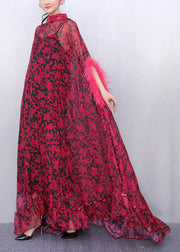 Red Ruffled Patchwork Glamorous Chiffon Two Piece Set Batwing Sleeve