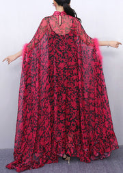 Red Ruffled Patchwork Glamorous Chiffon Two Piece Set Batwing Sleeve