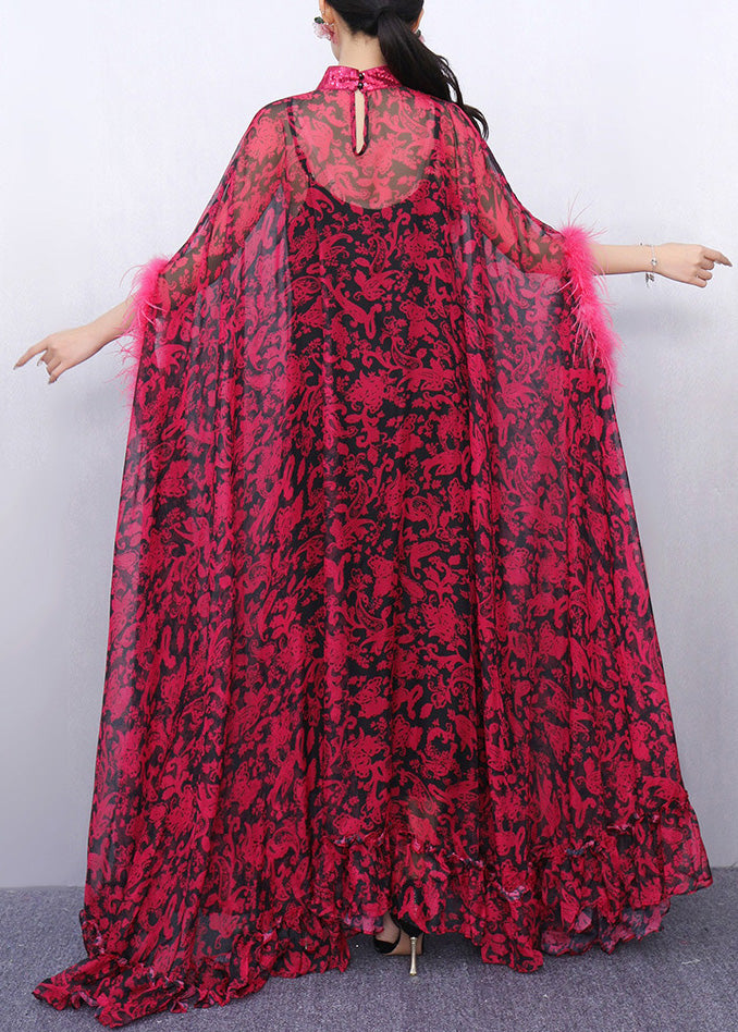 Red Ruffled Patchwork Glamorous Chiffon Two Piece Set Batwing Sleeve