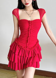 Red Ruffled Patchwork Mid Dresses Short Sleeve