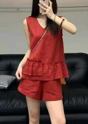 Red Ruffled Pockets Linen Two Pieces Set V Neck Sleeveless