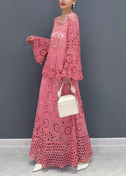 Red Silm Fit Knit Two Pieces Set Hollow Out Flare Sleeve