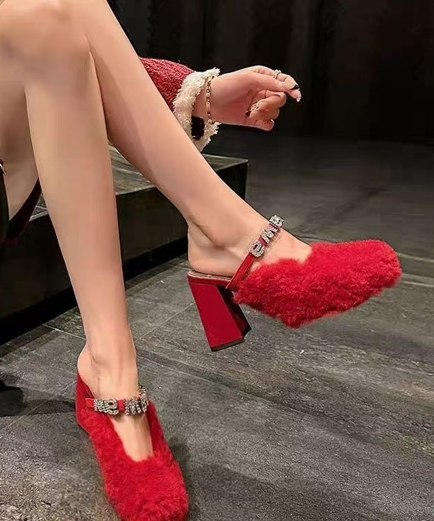 Red Slippers Shoes Chunky 2025 Splicing Fuzzy Fur Zircon