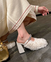 Red Slippers Shoes Chunky 2025 Splicing Fuzzy Fur Zircon