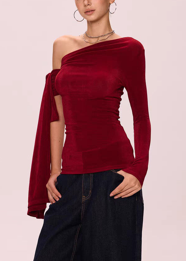 Red Solid Slim Fit Cotton Fall T Shirts Asymmetrical