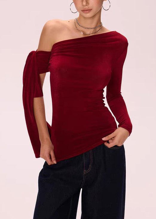 Red Solid Slim Fit Cotton Fall T Shirts Asymmetrical