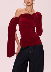 Red Solid Slim Fit Cotton Fall T Shirts Asymmetrical