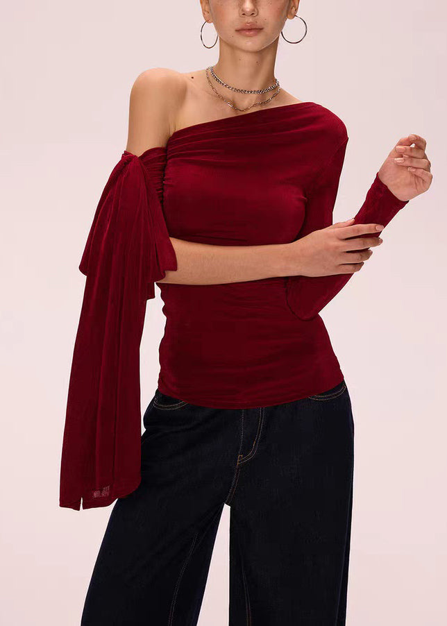 Red Solid Slim Fit Cotton Fall T Shirts Asymmetrical