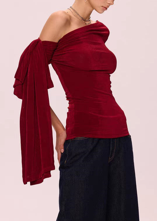 Red Solid Slim Fit Cotton Fall T Shirts Asymmetrical
