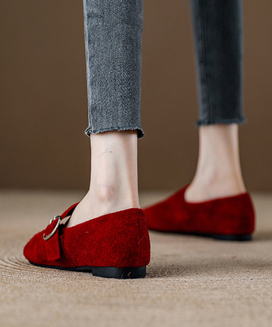 Red Suede Fashion Buckle Strap Splicing Loafer Shoes