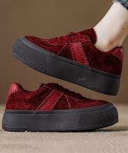 Red Suede Lace Up Women Splicing Flat Feet Shoes