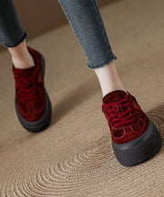 Red Suede Lace Up Women Splicing Flat Feet Shoes