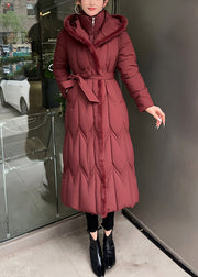 Red Tie Waist Hooded Maxi Parkas Winter