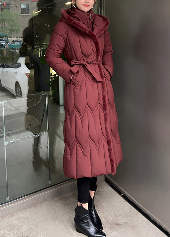Red Tie Waist Hooded Maxi Parkas Winter