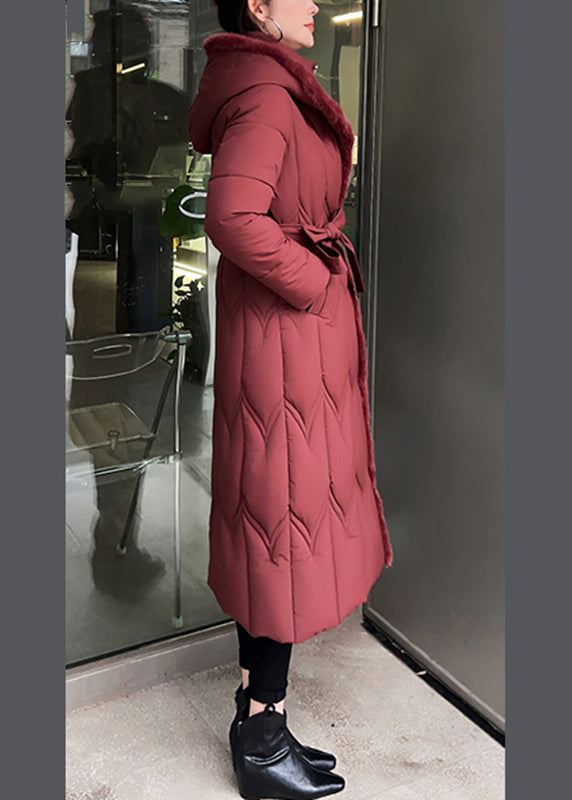 Red Tie Waist Hooded Maxi Parkas Winter