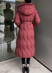 Red Tie Waist Hooded Maxi Parkas Winter