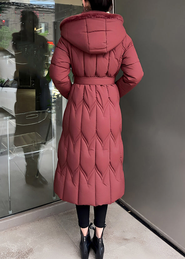 Red Tie Waist Hooded Maxi Parkas Winter