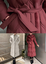 Red Tie Waist Hooded Maxi Parkas Winter