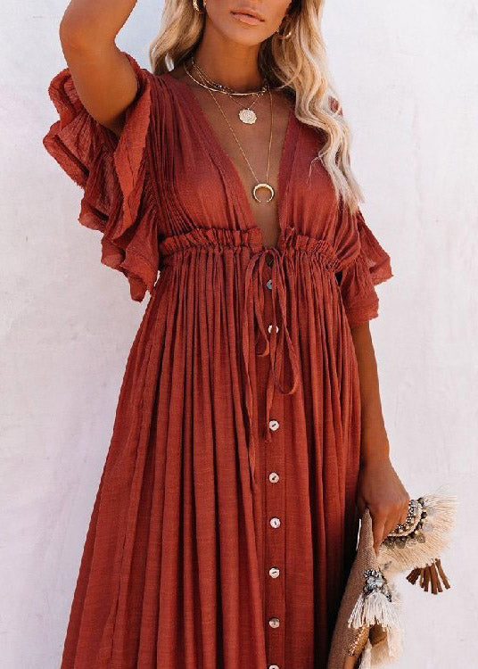 Red V Neck Button Maxi Dresses Short Sleeve