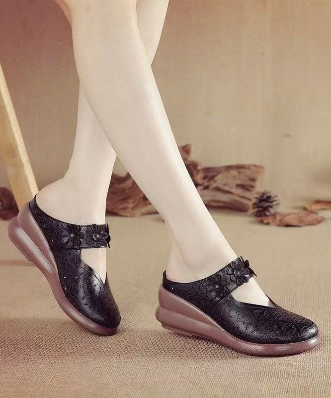 Red Wedge Cowhide Leather New Splicing Slide Sandals Hollow Out