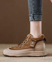 Red Women Platform Cowhide Leather Lace Up Splicing Flat Feet Shoes